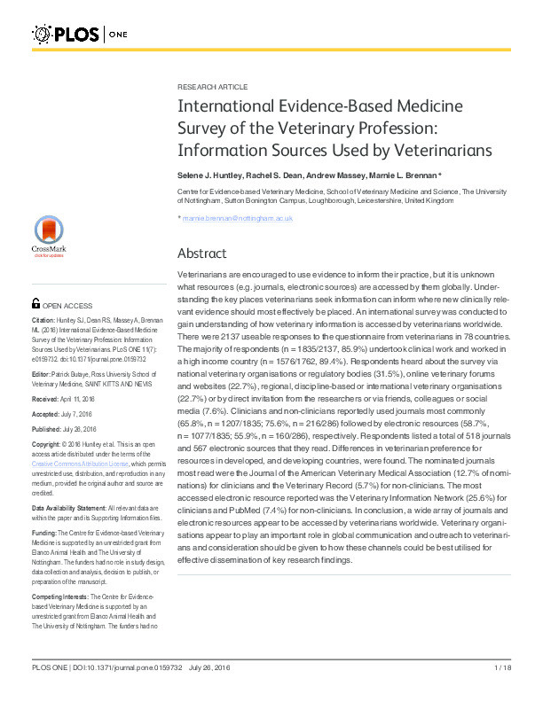 International evidence-based medicine survey of the veterinary profession: information sources used by veterinarians Thumbnail