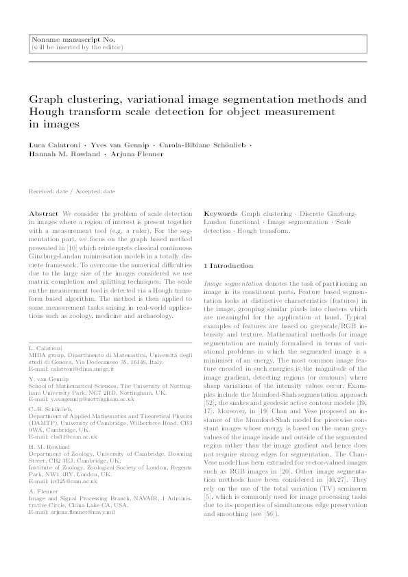 Graph clustering, variational image segmentation methods and Hough transform scale detection for object measurement in images Thumbnail