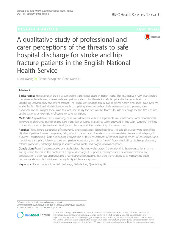 A qualitative study of professional and carer perceptions of the threats to safe hospital discharge for stroke and hip fracture patients in the English National Health Service Thumbnail