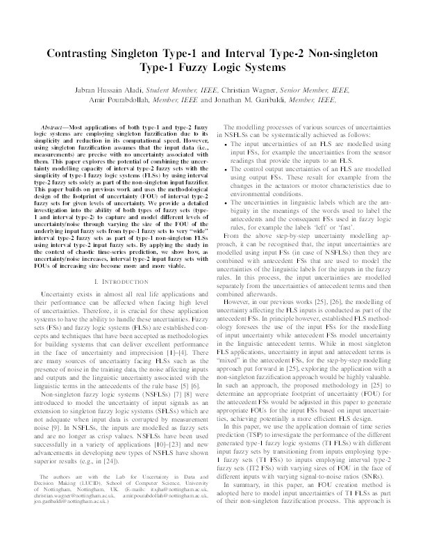Contrasting singleton type-1 and interval type-2 non-singleton type-1 fuzzy logic systems Thumbnail