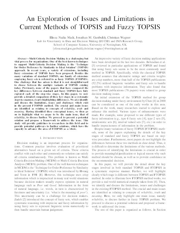 An exploration of issues and limitations in current methods of TOPSIS and fuzzy TOPSIS Thumbnail