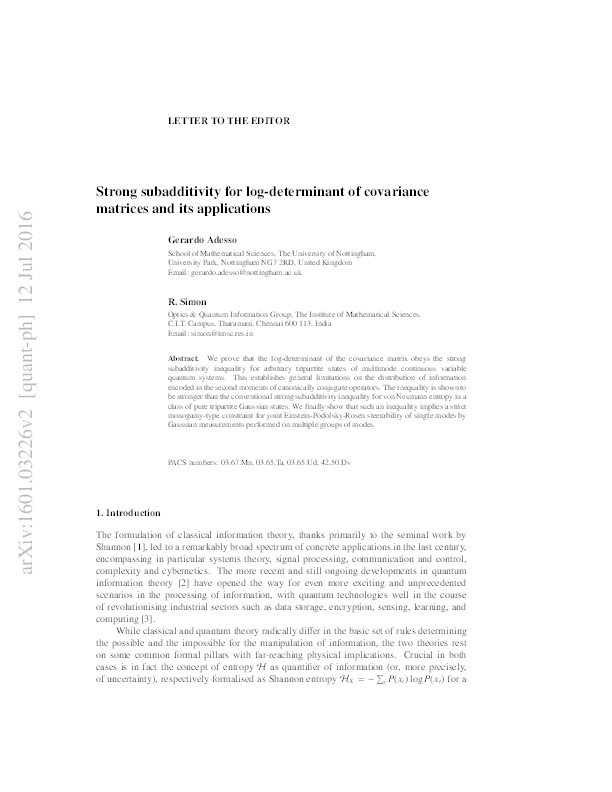 Strong subadditivity for log-determinant of covariance matrices and its applications Thumbnail