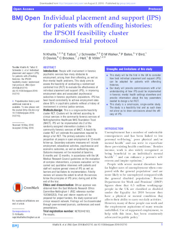 Individual placement and support (IPS) for patients with offending histories: the IPSOH feasibility cluster randomised trial protocol Thumbnail