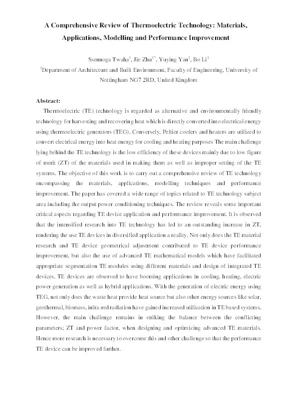 A comprehensive review of thermoelectric technology: materials, applications, modelling and performance improvement Thumbnail