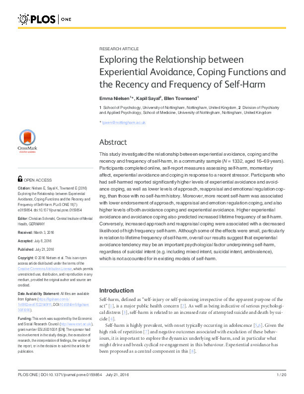 Exploring the relationship between experiential avoidance, coping functions and the recency and frequency of self-harm Thumbnail