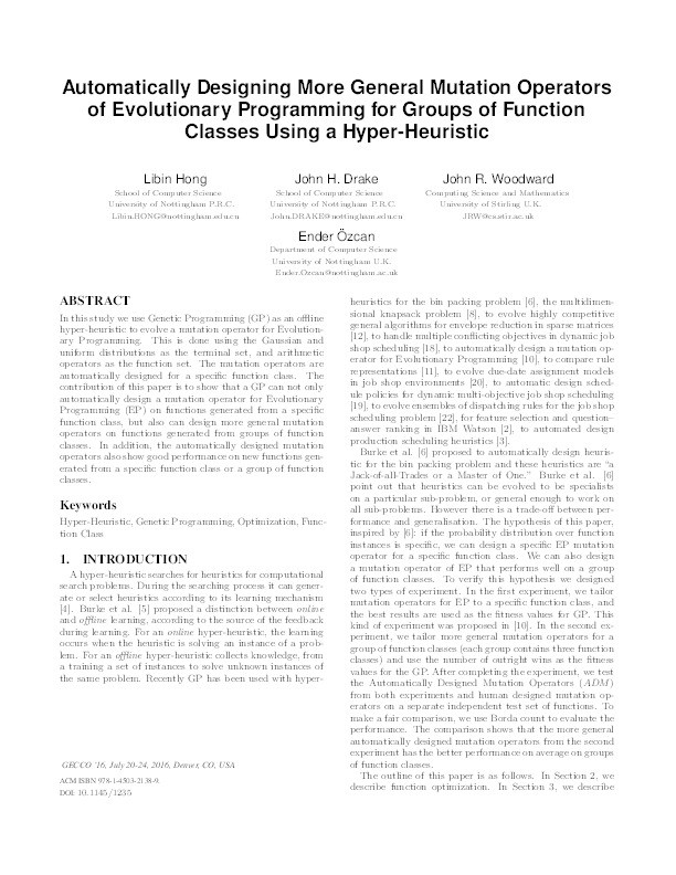 Automatically designing more general mutation operators of Evolutionary Programming for groups of function classes using a hyper-heuristic Thumbnail