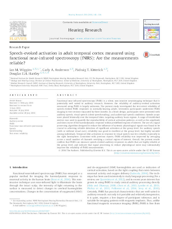 Speech-evoked activation in adult temporal cortex measured using functional near-infrared spectroscopy (fNIRS): Are the measurements reliable? Thumbnail