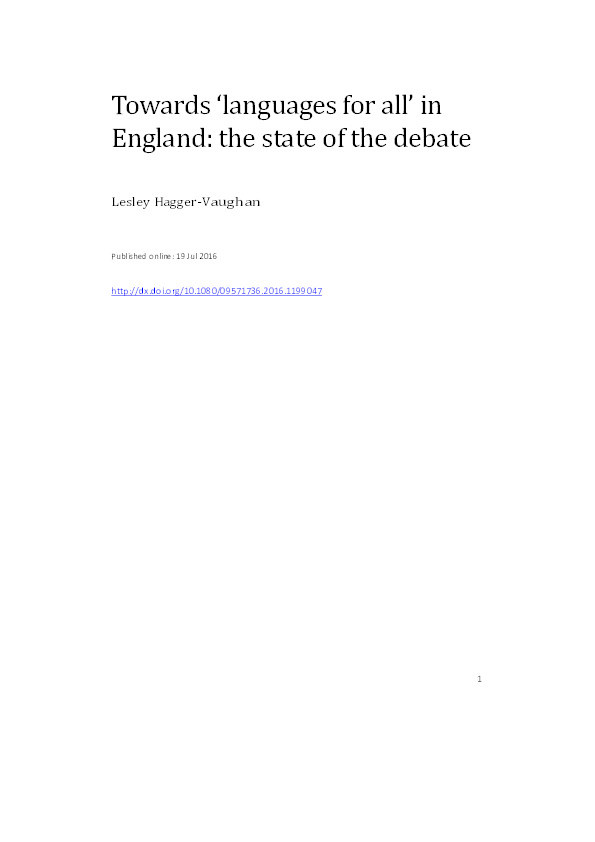 Towards ‘languages for all’ in England: the state of the debate Thumbnail