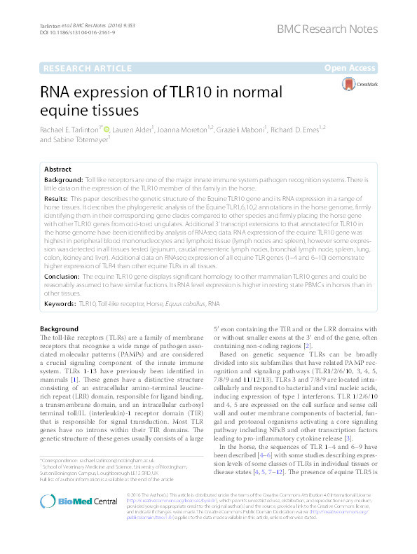 RNA expression of TLR10 in normal equine tissues Thumbnail