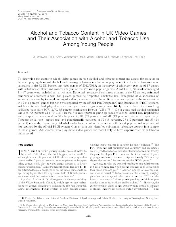 Alcohol and tobacco content in UK video games and their association with alcohol and tobacco use among young people Thumbnail