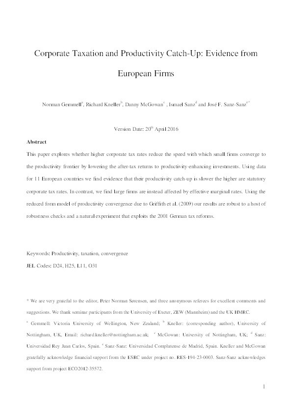 Corporate taxation and productivity catch-up: evidence from European firms Thumbnail