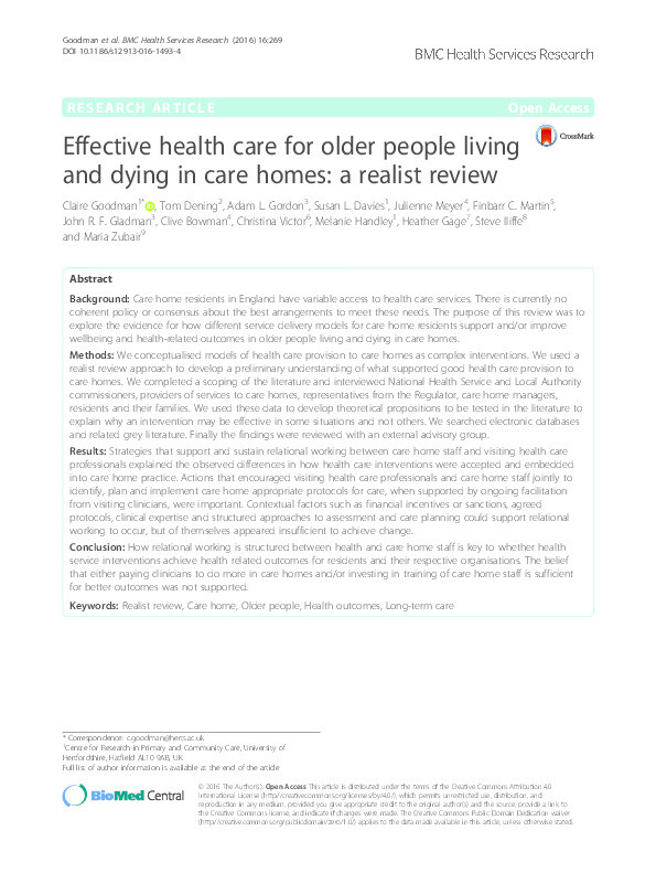 Effective health care for older people living and dying in care homes: a realist review Thumbnail