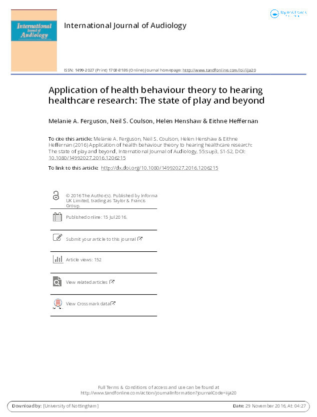 Application of health behaviour theory to hearing healthcare research: The state of play and beyond Thumbnail