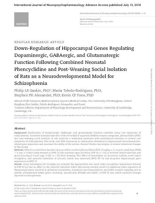 Down-regulation of hippocampal genes regulating dopaminergic, GABAergic and glutamatergic function following combined neonatal phencyclidine and post-weaning social isolation of rats as a neurodevelopmental model for schizophrenia Thumbnail