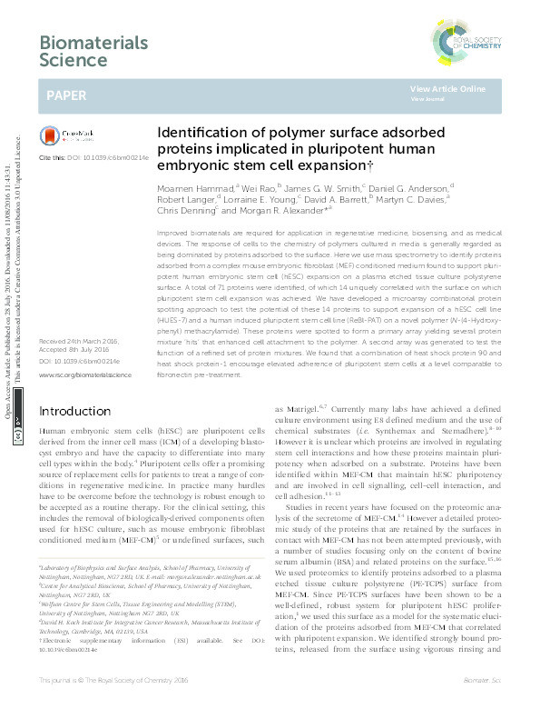 Identification of polymer surface adsorbed proteins implicated in pluripotent human embryonic stem cell expansion Thumbnail