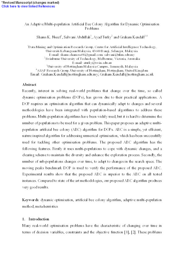 An adaptive multi-population artificial bee colony algorithm for dynamic optimisation problems Thumbnail