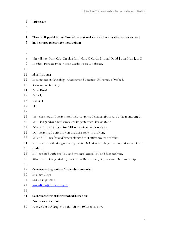 The von Hippel-Lindau Chuvash mutation in mice alters cardiac substrate and high energy phosphate metabolism Thumbnail