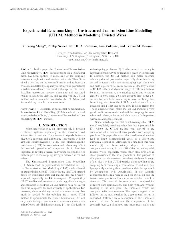 Experimental benchmarking of Unstructured Transmission Line Modelling (UTLM) method in modelling twisted wires Thumbnail