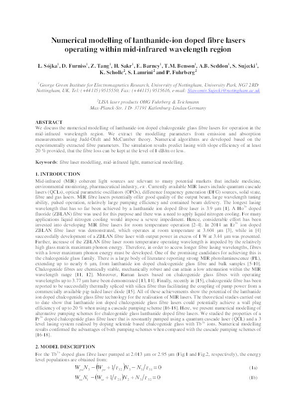 Numerical modeling of lathanide-ion doped fibre lasers operating within mid-infrared wavelength region Thumbnail