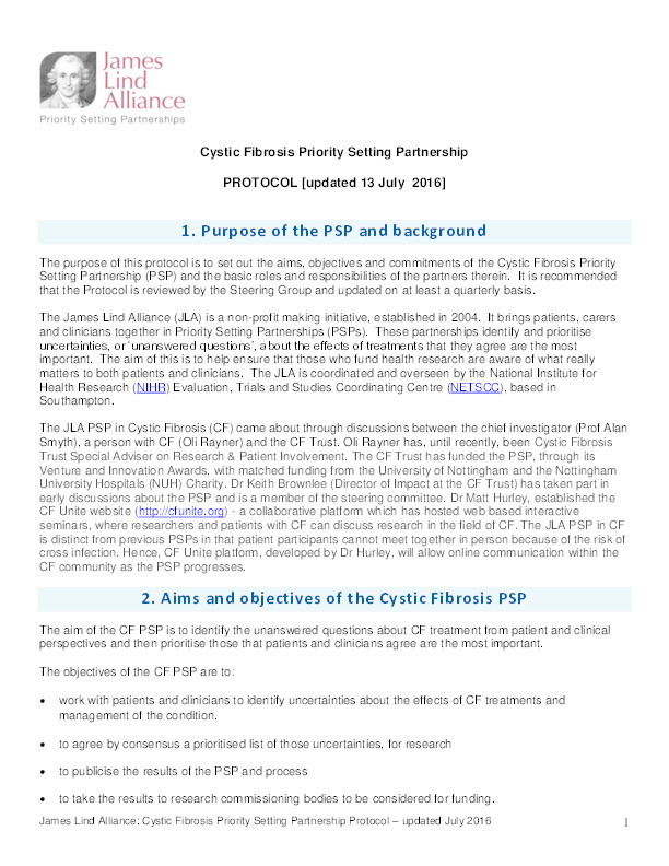 Cystic Fibrosis James Lind Alliance Priority Setting Partnership PROTOCOL [updated 13 July  2016] Thumbnail
