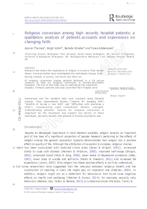 Religious conversion among high security hospital patients: a qualitative analysis of patients accounts and experiences on changing faith Thumbnail