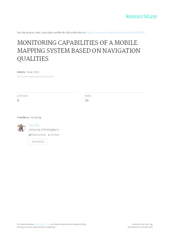 Monitoring capabilities of a mobile mapping system based on navigation qualities Thumbnail