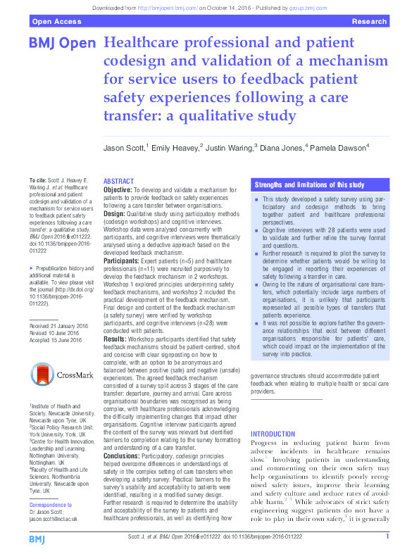 Healthcare professional and patient co-design and validation of a mechanism for service users to feedback patient safety experiences following a care transfer: a qualitative study Thumbnail