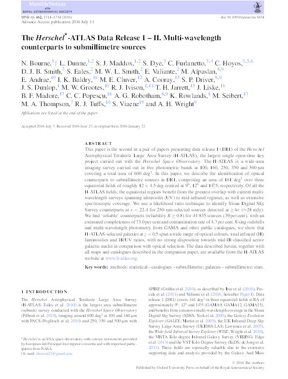 The Herschel-ATLAS data release 1: II. Multi-wavelength counterparts to submillimetre sources Thumbnail