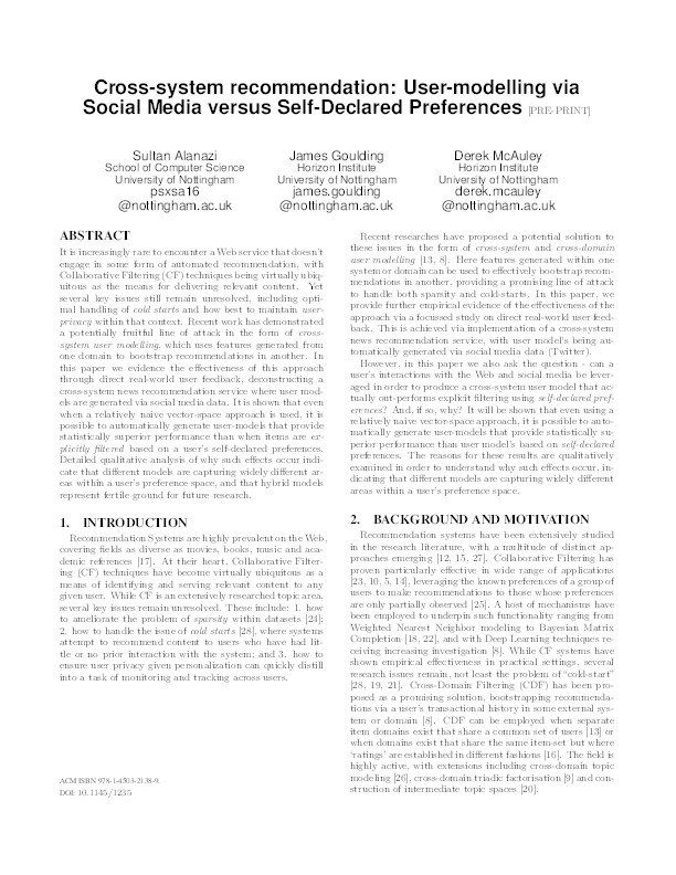 Cross-system Recommendation: User-modelling via Social Media versus Self-Declared Preferences Thumbnail