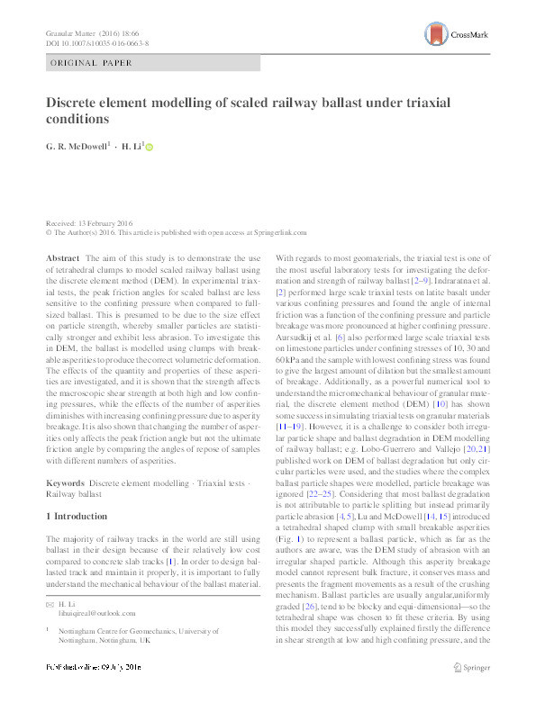 Discrete element modelling of scaled railway ballast under triaxial conditions Thumbnail