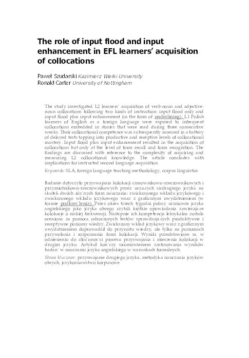 The role of input flood and input enhancement in EFL learners’ acquisition of collocations Thumbnail