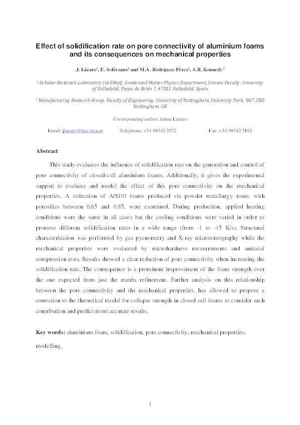Effect of solidification rate on pore connectivity of aluminium foams and its consequences on mechanical properties Thumbnail