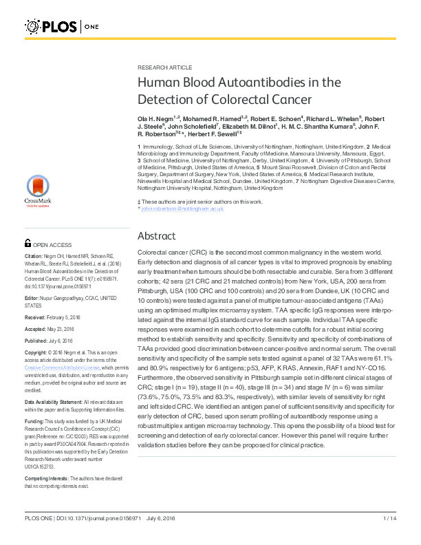 Human blood autoantibodies in the detection of colorectal cancer Thumbnail
