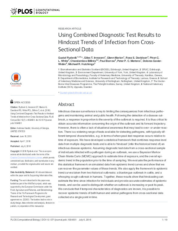 Using combined diagnostic test results to hindcast trends of infection from cross-sectional data Thumbnail