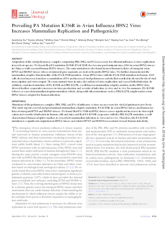 Prevailing PA mutation K356R in avian influenza H9N2 virus increases mammalian replication and pathogenicity Thumbnail