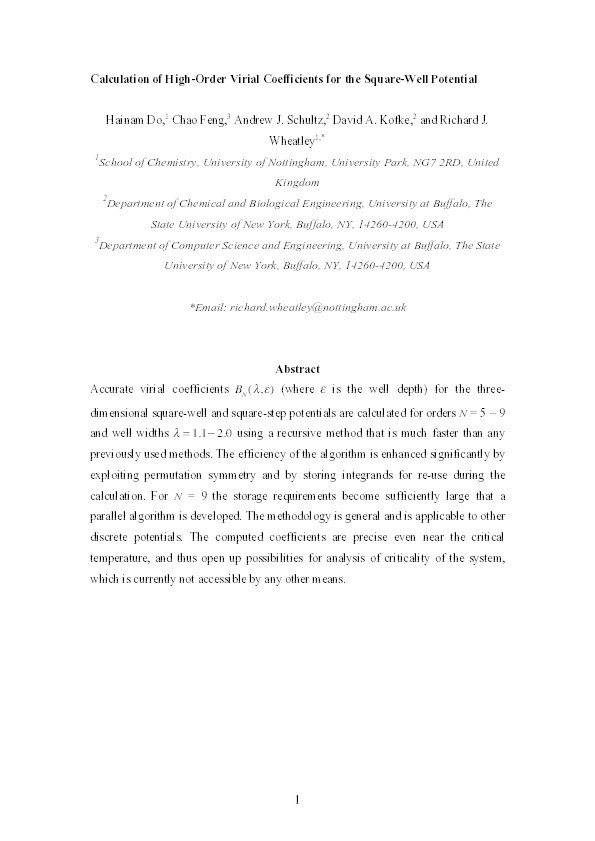 Calculation of high-order virial coefficients for the square-well potential Thumbnail