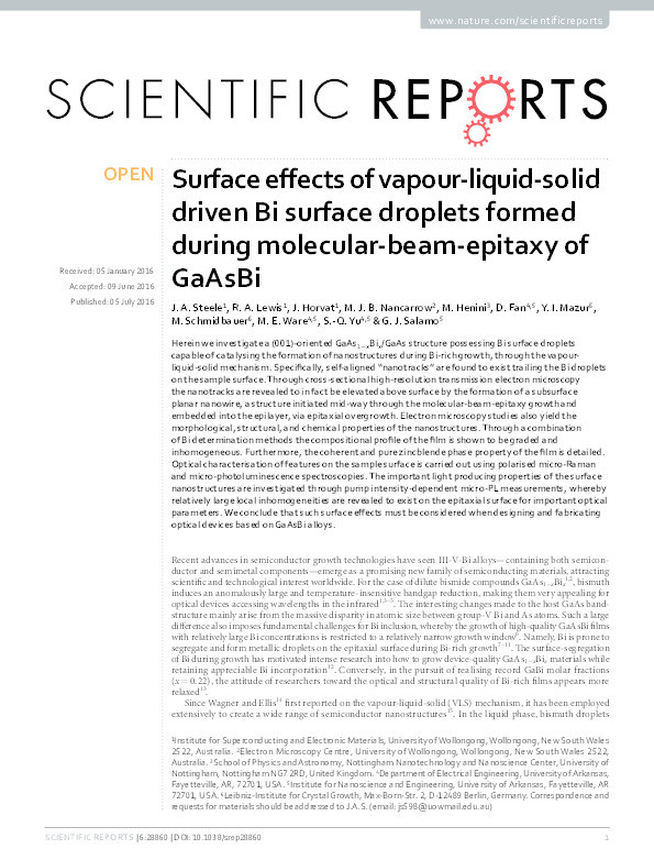 Surface effects of vapour-liquid-solid driven Bi surface droplets formed during molecular-beam-epitaxy of GaAsBi Thumbnail