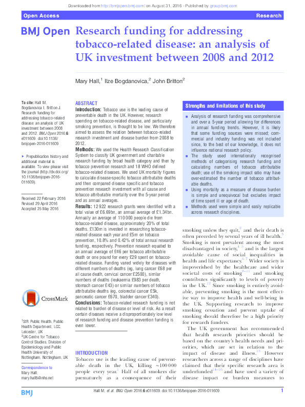 Research funding for addressing tobacco related disease: an analysis of UK investment between 2008 and 2012 Thumbnail