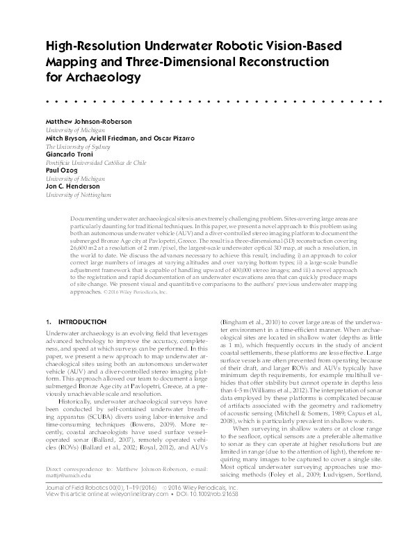 High-resolution underwater robotic vision-based mapping and three-dimensional reconstruction for archaeology Thumbnail