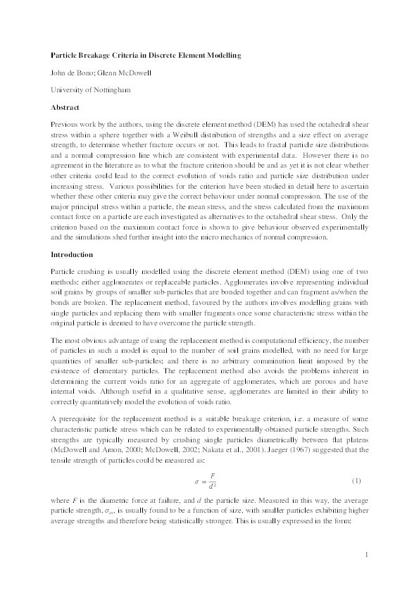 Particle breakage criteria in discrete-element modelling Thumbnail