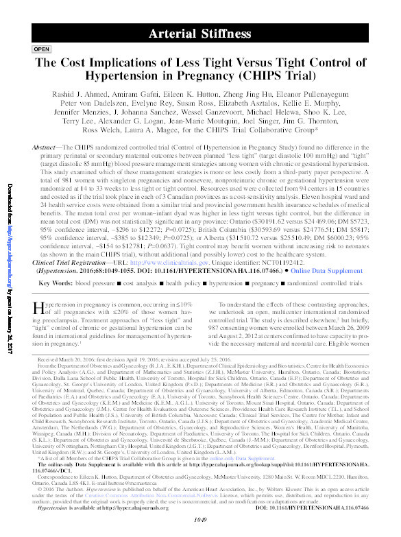 The cost implications of less tight versus tight Control of Hypertension in Pregnancy (CHIPS Trial)novelty and significance Thumbnail