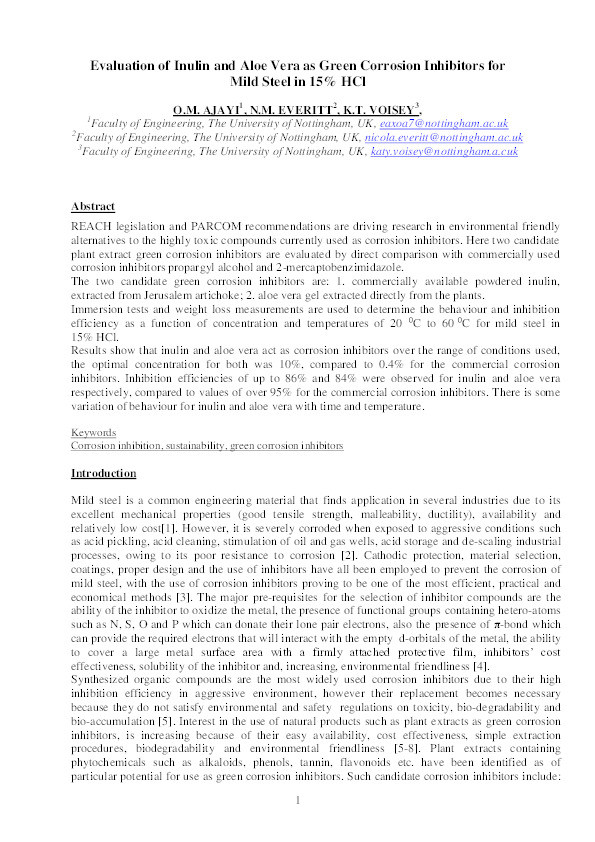 Evaluation of inulin and aloe vera as green corrosion inhibitors for mild steel in 15% HCl Thumbnail