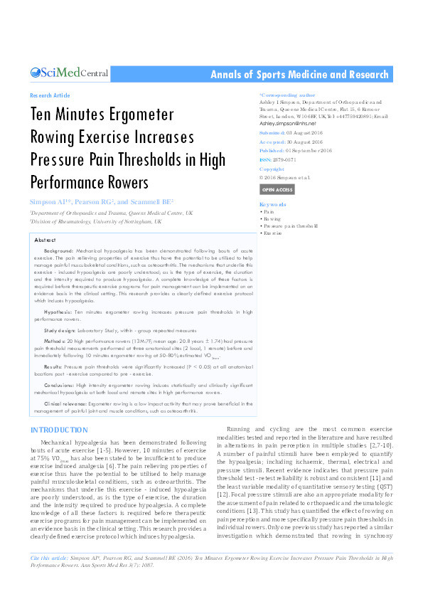 Ten minutes ergometer rowing exercise increases pressure pain thresholds in high performance rowers Thumbnail