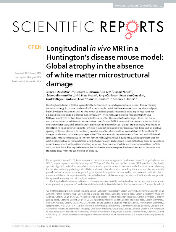 Longitudinal in vivo MRI in a Huntington’s disease mouse model: Global atrophy in the absence of white matter microstructural damage Thumbnail