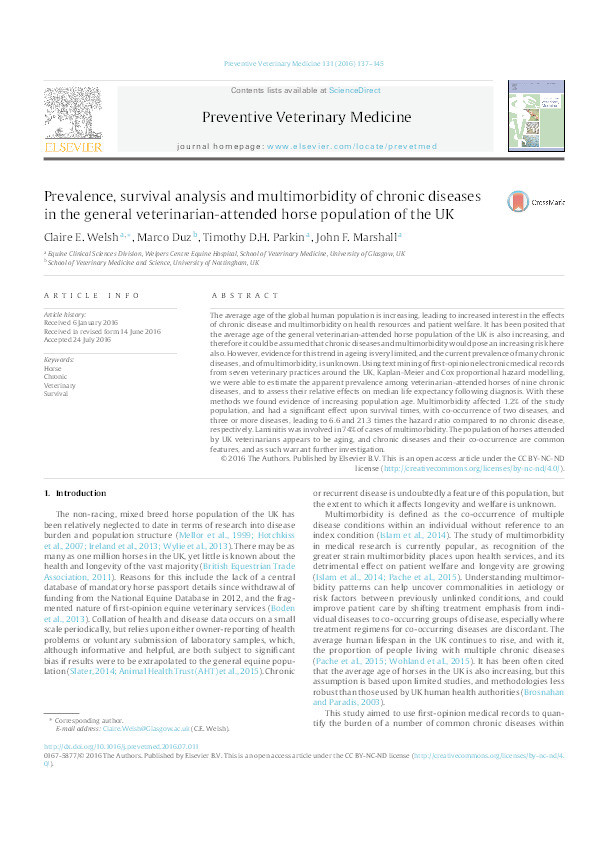 Prevalence, survival analysis and multimorbidity of chronic diseases in the general veterinarian-attended horse population of the UK Thumbnail