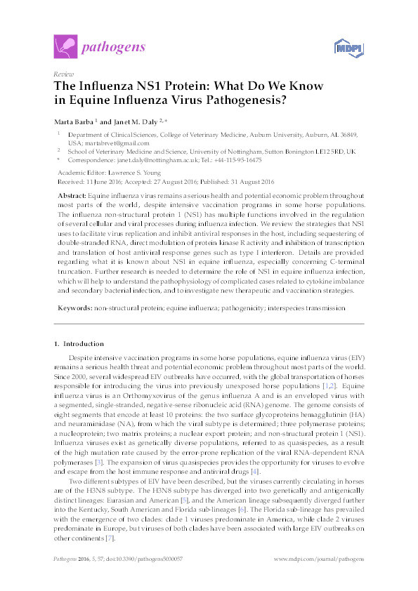 The influenza NS1 protein: what do we know in equine influenza virus pathogenesis? Thumbnail