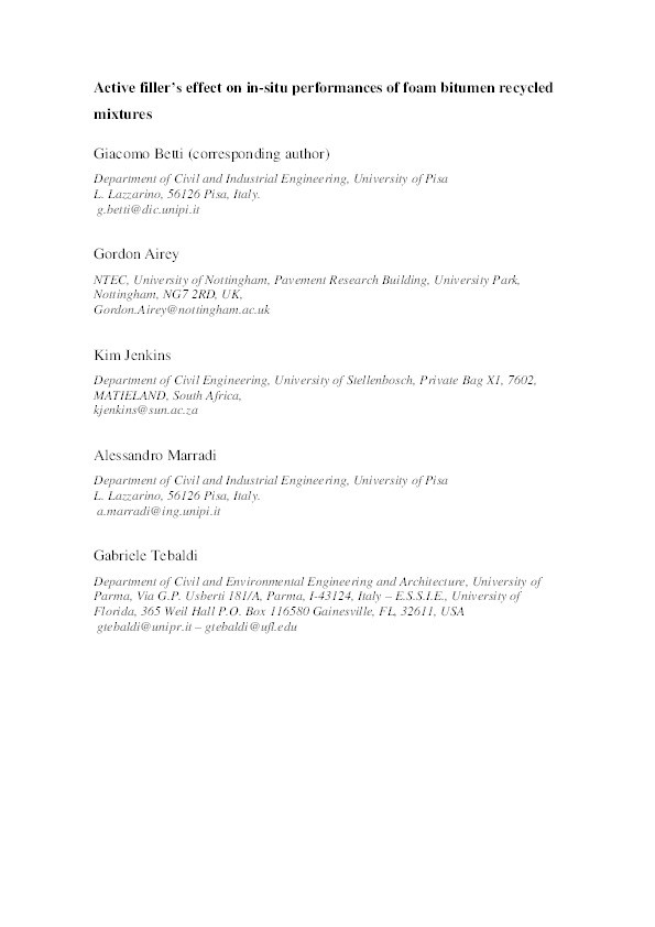 Active fillers’ effect on in situ performances of foam bitumen recycled mixtures Thumbnail