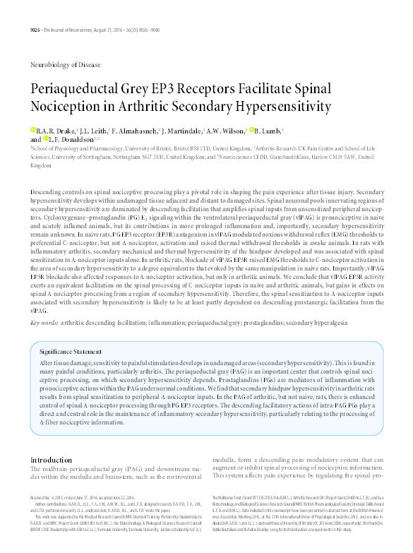Periaqueductal grey EP3 receptors facilitate spinal nociception in arthritic secondary hypersensitivity Thumbnail
