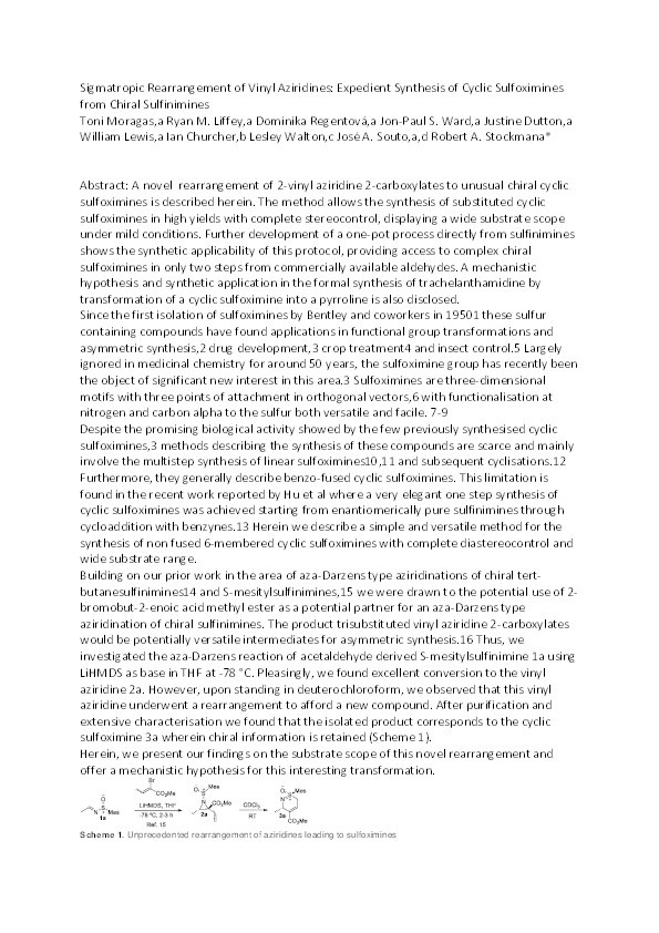 Sigmatropic Rearrangement of Vinyl Aziridines: Expedient Synthesis of Cyclic Sulfoximines from Chiral Sulfinimines Thumbnail