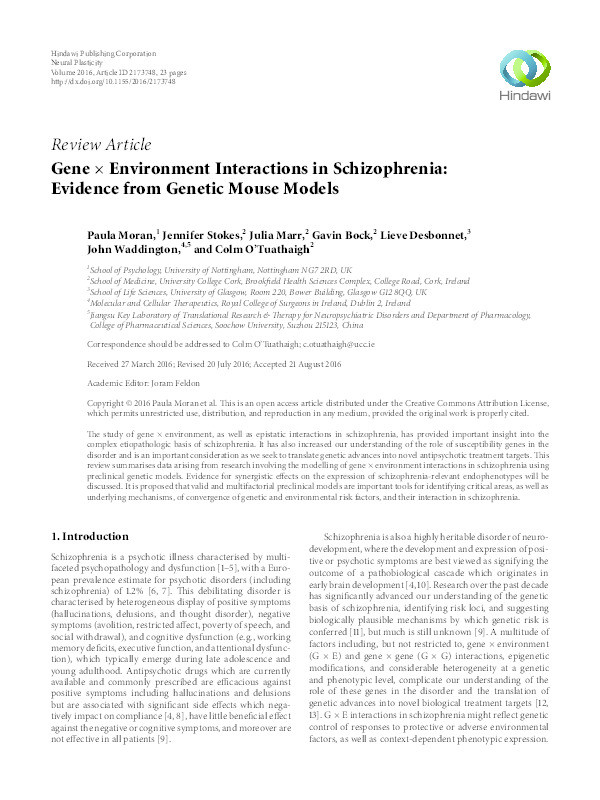 Gene × environment interactions in schizophrenia: evidence from genetic mouse models Thumbnail